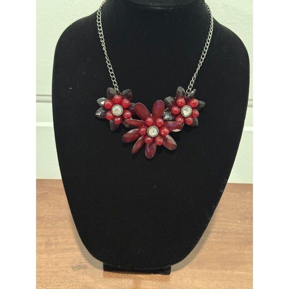 Floral Wine Colored Gunmetal Acrylic Flowers and Crystal Necklace - Picture 1 of 2